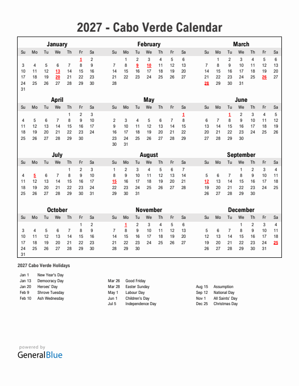 Year 2027 Simple Calendar With Holidays in Cabo Verde