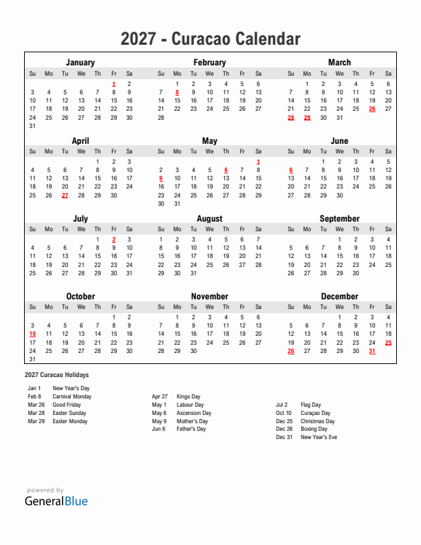 Year 2027 Simple Calendar With Holidays in Curacao