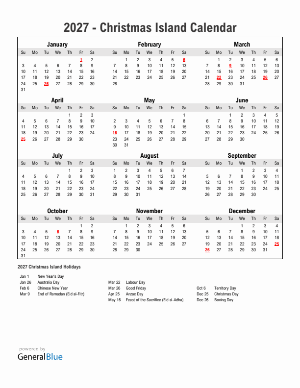 Year 2027 Simple Calendar With Holidays in Christmas Island