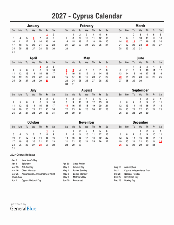 Year 2027 Simple Calendar With Holidays in Cyprus