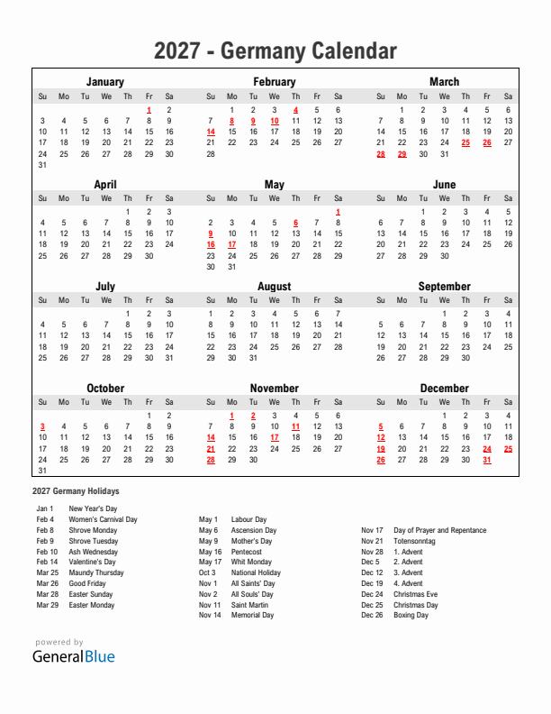 Year 2027 Simple Calendar With Holidays in Germany