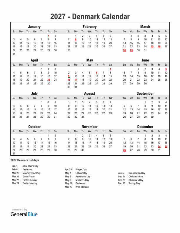 Year 2027 Simple Calendar With Holidays in Denmark