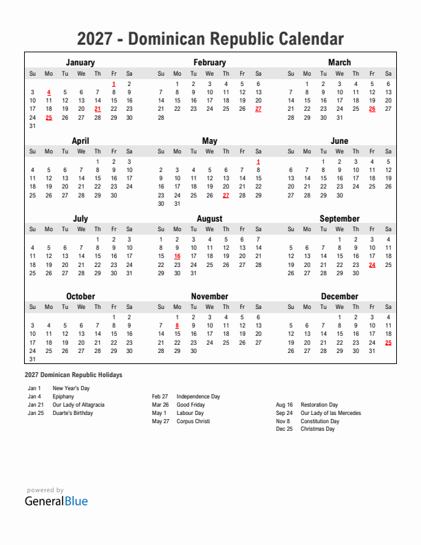 Year 2027 Simple Calendar With Holidays in Dominican Republic