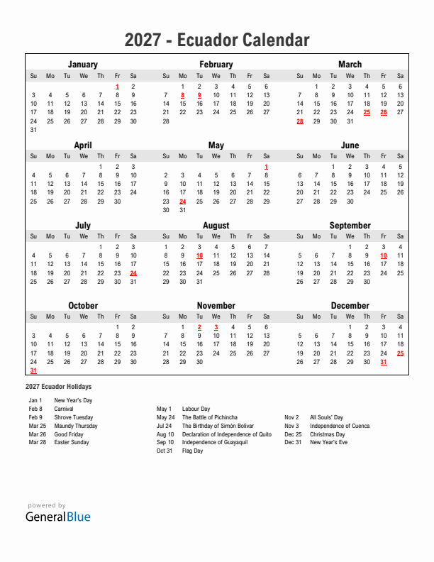 Year 2027 Simple Calendar With Holidays in Ecuador