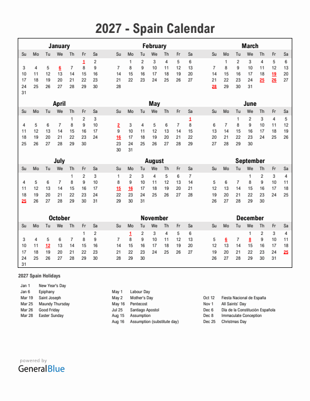 Year 2027 Simple Calendar With Holidays in Spain