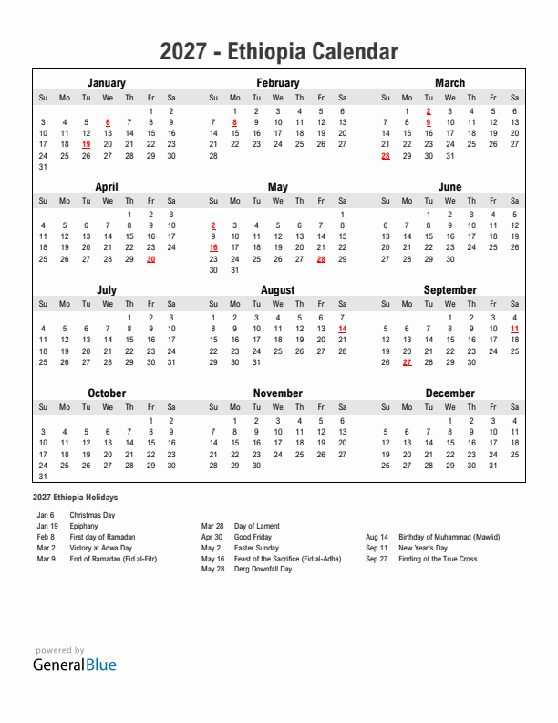 Year 2027 Simple Calendar With Holidays in Ethiopia