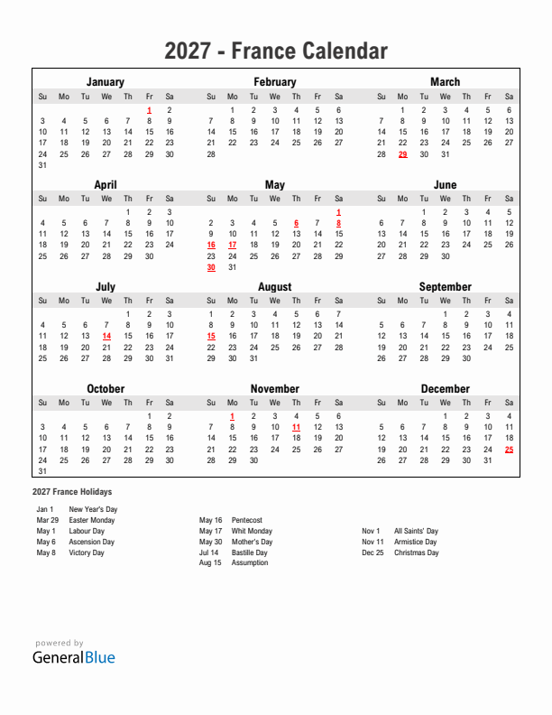 Year 2027 Simple Calendar With Holidays in France