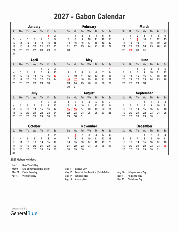 Year 2027 Simple Calendar With Holidays in Gabon