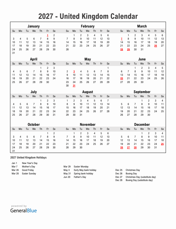 Year 2027 Simple Calendar With Holidays in United Kingdom