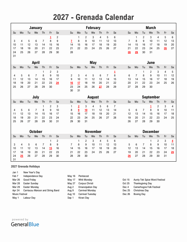 Year 2027 Simple Calendar With Holidays in Grenada