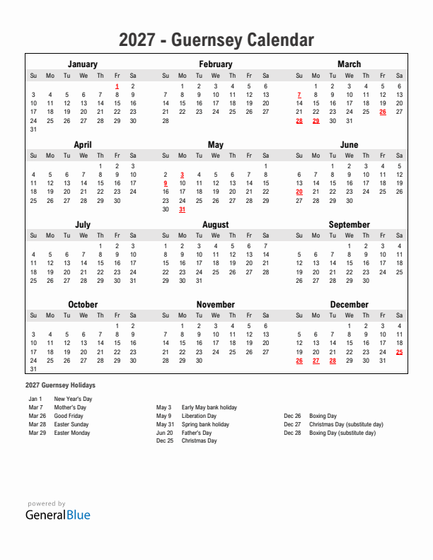 Year 2027 Simple Calendar With Holidays in Guernsey