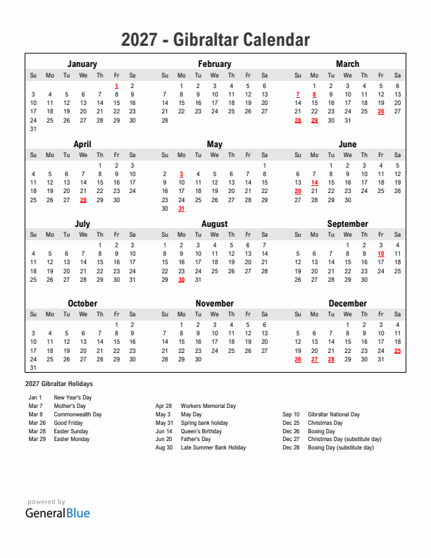 Year 2027 Simple Calendar With Holidays in Gibraltar