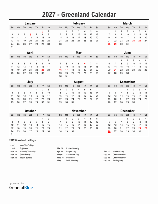 Year 2027 Simple Calendar With Holidays in Greenland