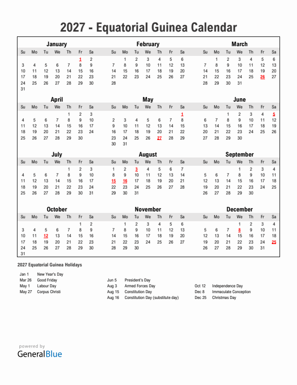 Year 2027 Simple Calendar With Holidays in Equatorial Guinea