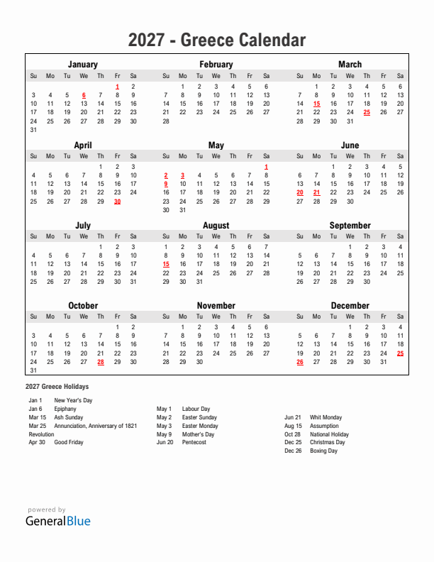 Year 2027 Simple Calendar With Holidays in Greece