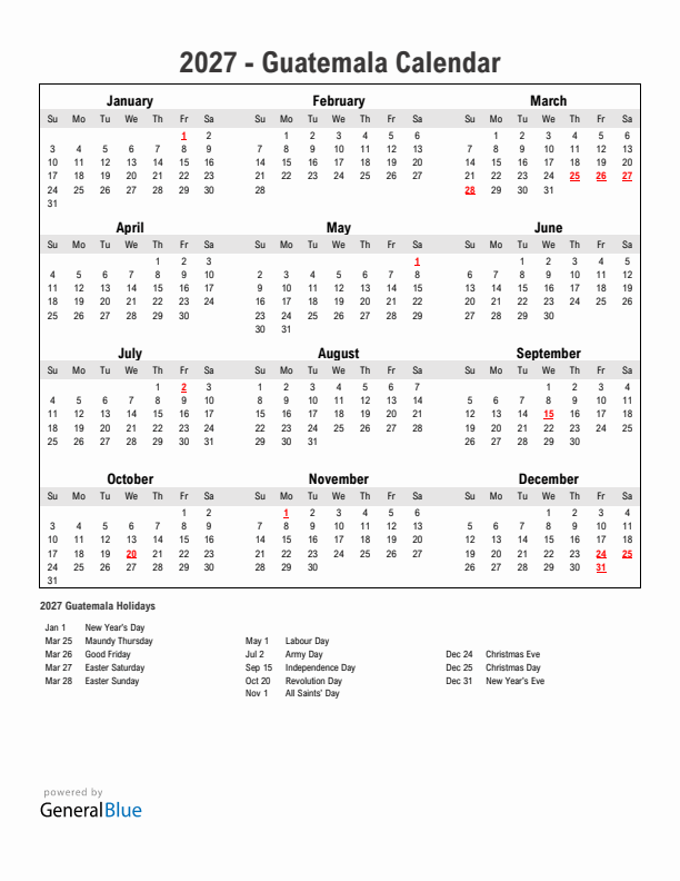 Year 2027 Simple Calendar With Holidays in Guatemala
