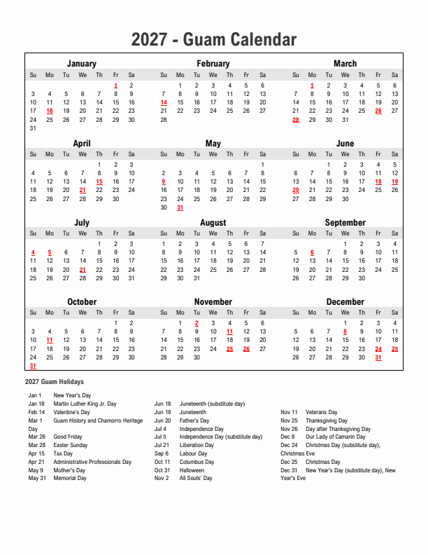 Year 2027 Simple Calendar With Holidays in Guam