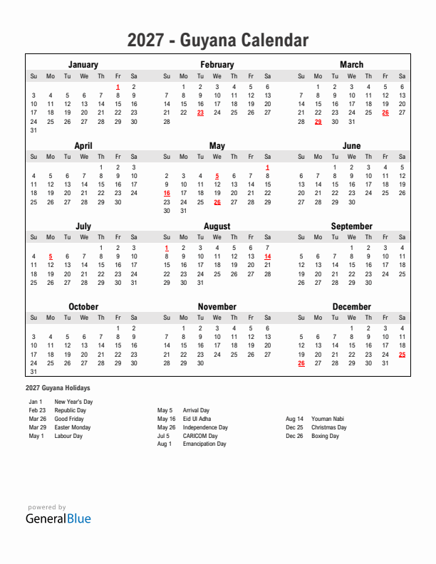 Year 2027 Simple Calendar With Holidays in Guyana