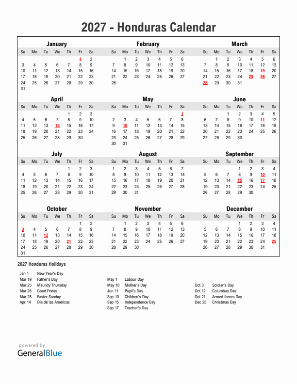 Year 2027 Simple Calendar With Holidays in Honduras