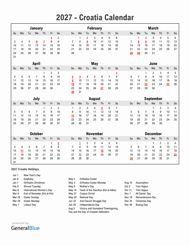 Year 2027 Simple Calendar With Holidays in Croatia