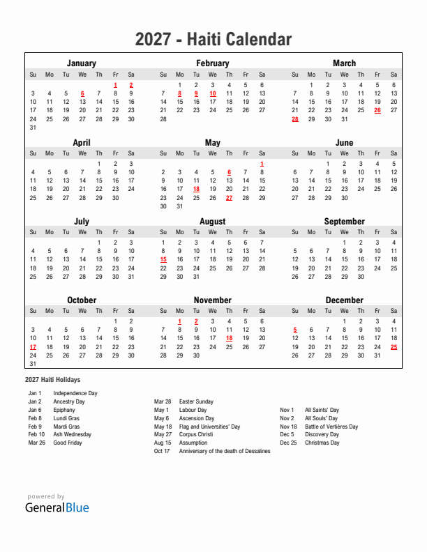 Year 2027 Simple Calendar With Holidays in Haiti