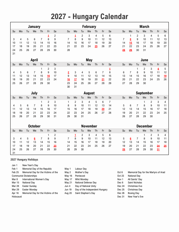 Year 2027 Simple Calendar With Holidays in Hungary