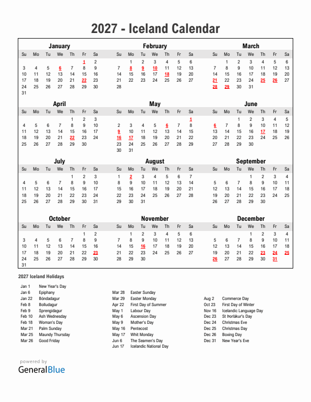 Year 2027 Simple Calendar With Holidays in Iceland