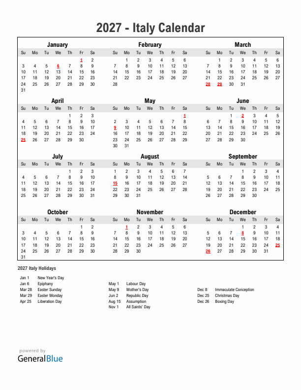 Year 2027 Simple Calendar With Holidays in Italy