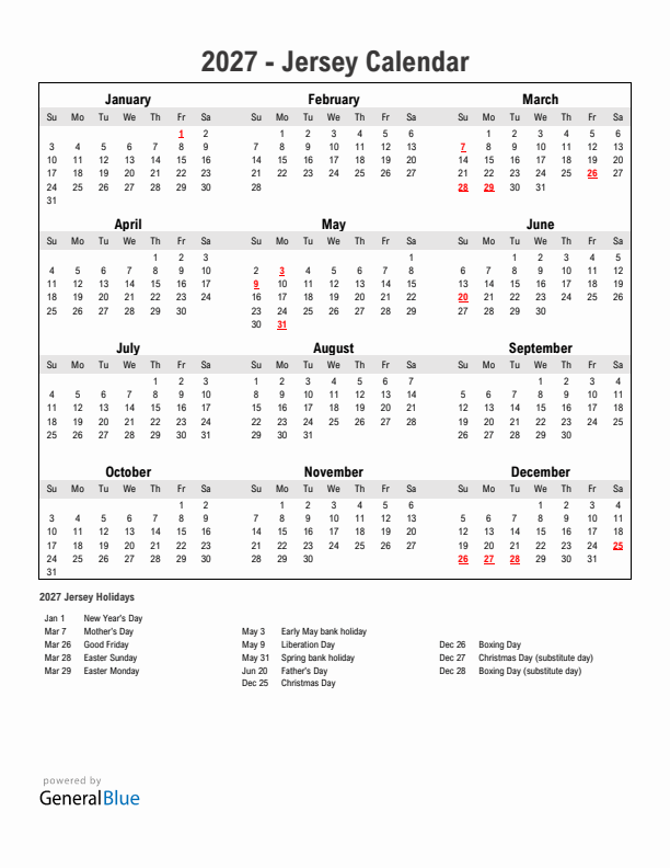 Year 2027 Simple Calendar With Holidays in Jersey