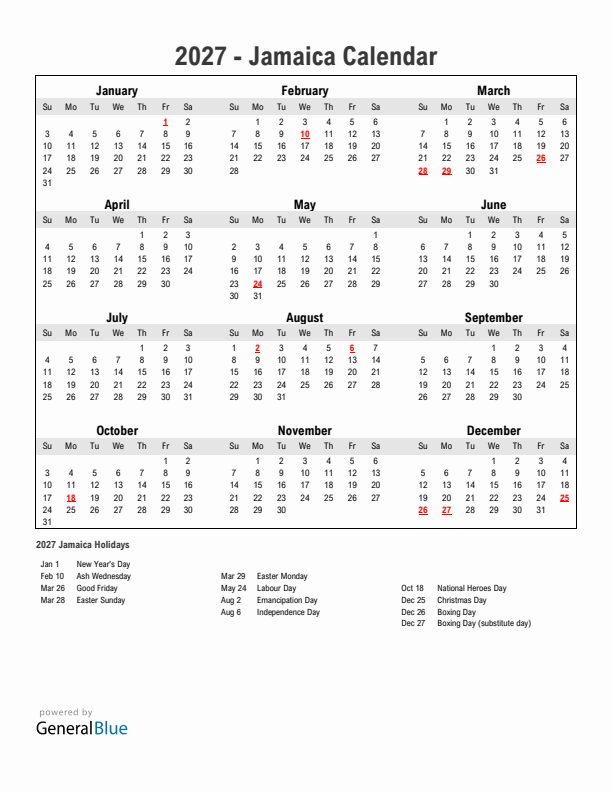 Year 2027 Simple Calendar With Holidays in Jamaica