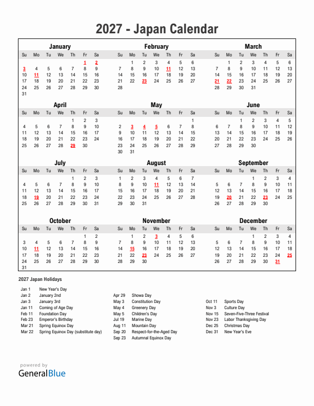 Year 2027 Simple Calendar With Holidays in Japan