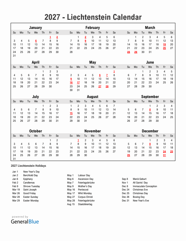 Year 2027 Simple Calendar With Holidays in Liechtenstein
