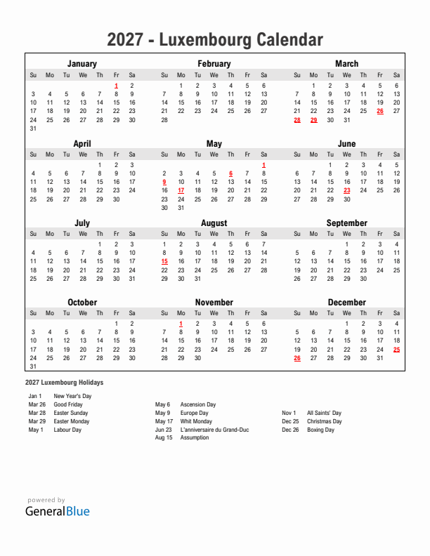 Year 2027 Simple Calendar With Holidays in Luxembourg