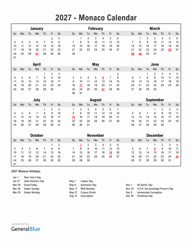 Year 2027 Simple Calendar With Holidays in Monaco