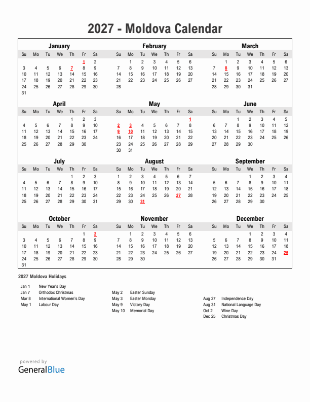 Year 2027 Simple Calendar With Holidays in Moldova