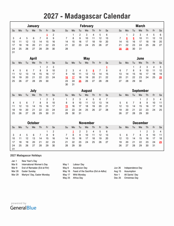 Year 2027 Simple Calendar With Holidays in Madagascar
