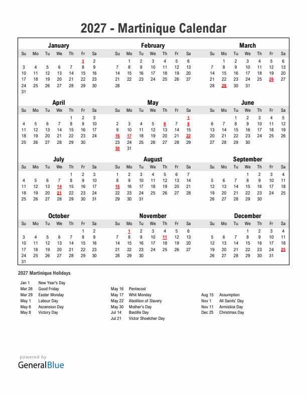 Year 2027 Simple Calendar With Holidays in Martinique