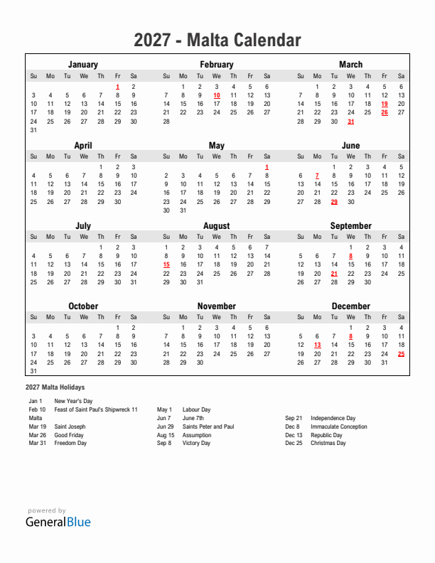 Year 2027 Simple Calendar With Holidays in Malta