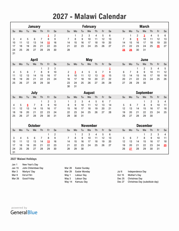 Year 2027 Simple Calendar With Holidays in Malawi