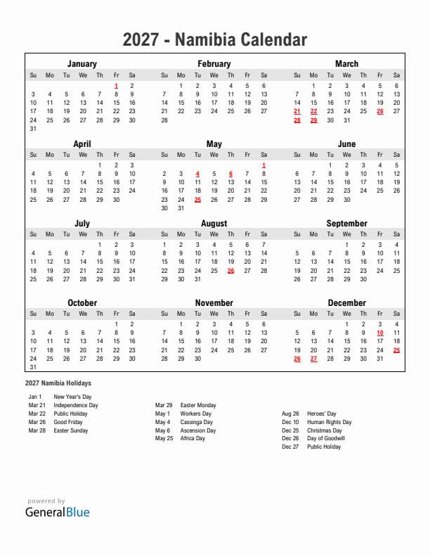 Year 2027 Simple Calendar With Holidays in Namibia