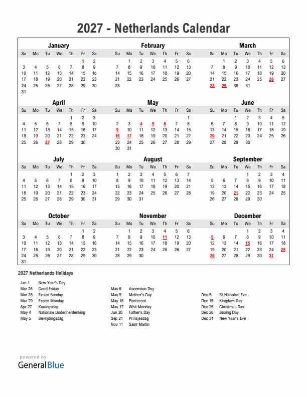 Year 2027 Simple Calendar With Holidays in The Netherlands