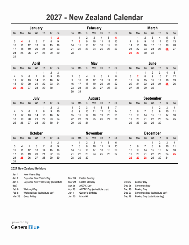 Year 2027 Simple Calendar With Holidays in New Zealand