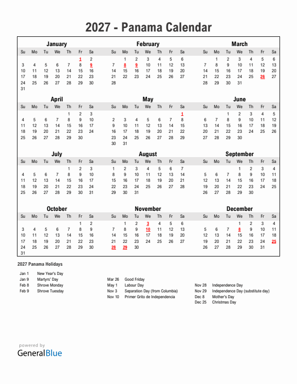 Year 2027 Simple Calendar With Holidays in Panama