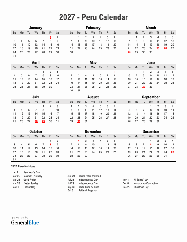 Year 2027 Simple Calendar With Holidays in Peru