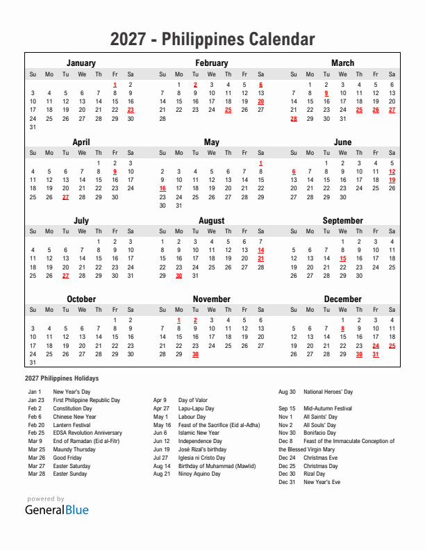 Year 2027 Simple Calendar With Holidays in Philippines