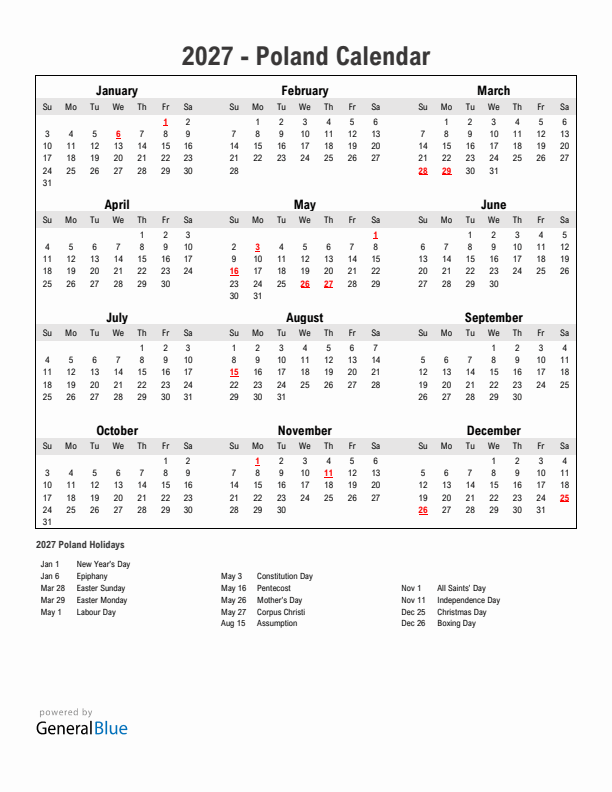Year 2027 Simple Calendar With Holidays in Poland