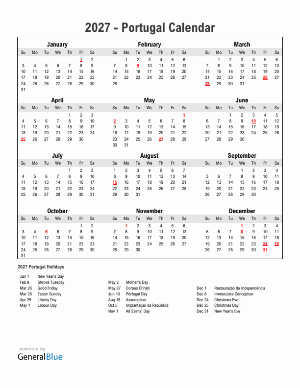 Year 2027 Simple Calendar With Holidays in Portugal