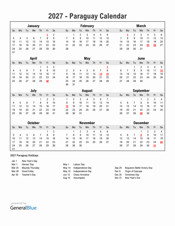 Year 2027 Simple Calendar With Holidays in Paraguay
