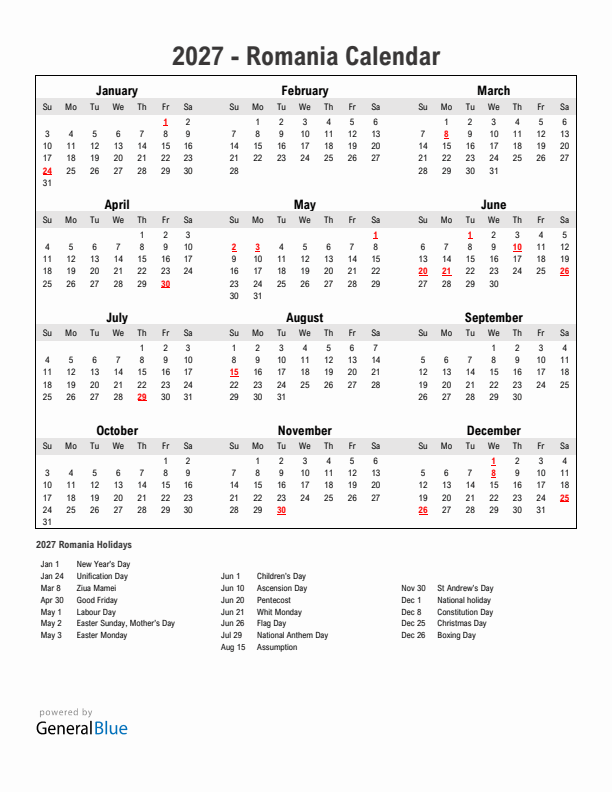 Year 2027 Simple Calendar With Holidays in Romania