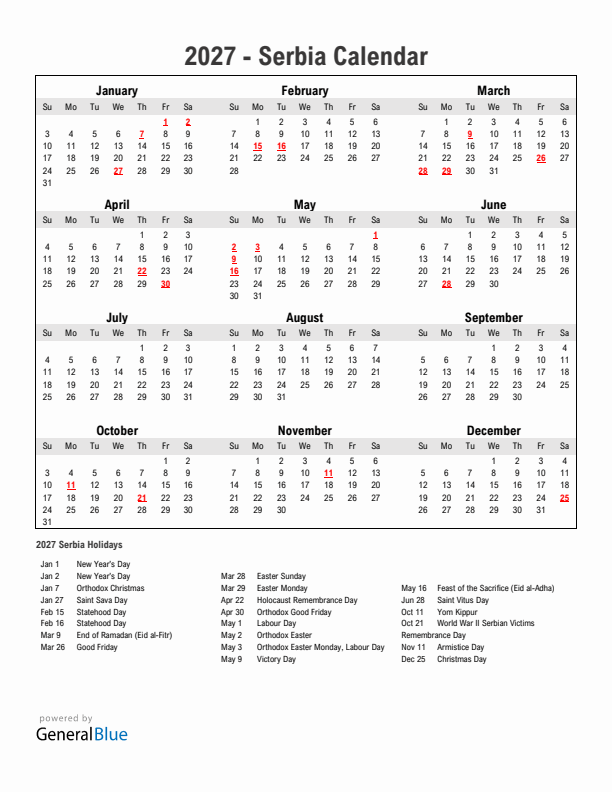 Year 2027 Simple Calendar With Holidays in Serbia